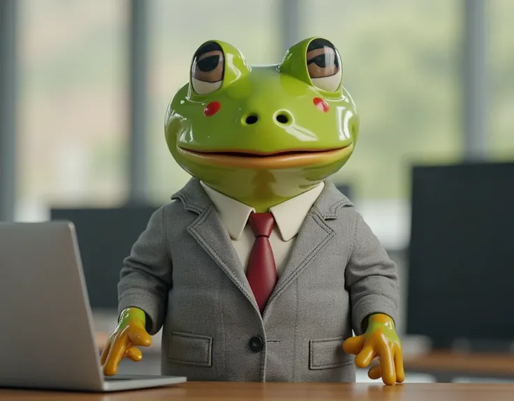 adncruz, (adncruz:1.5) as a frog, (frog0.5), adncruz:1.5 as a frog:0.5, green skin:0.5, (green skin:1), wearing a grey suit at a office doing business, (business:1.5), looking the camera happy, smiling, natural lighting, at the office, (office:1.5),