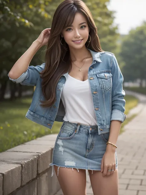  top quality , masterpiece,  super high res, ( realistic :1.4),  beautiful women,  range in fresh green woods,  G-string,  clevis on a stone, (( denim jacket))，   Rise of the Center, Slim waist,  pubic skin, 魅惑的なsmile, Bokeh, smile, pubic hair, thick pubic...