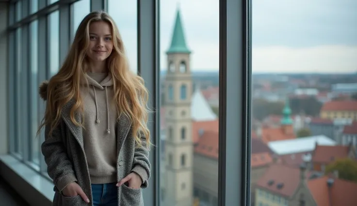 A 18 years old girl with floor length blonde, and her eye color is blue, wearing a warmth pullover with hoodie coat and denim pants in bottom, having sneakers on foot. She standing nearby floor to ceiling windows on the top of building with smiling. 
Outsi...