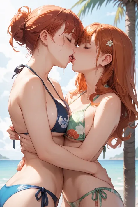 2 now nge anime girls stand on the edge in a bikini and kiss Suich, high resolution,  redhead, Bangs, 