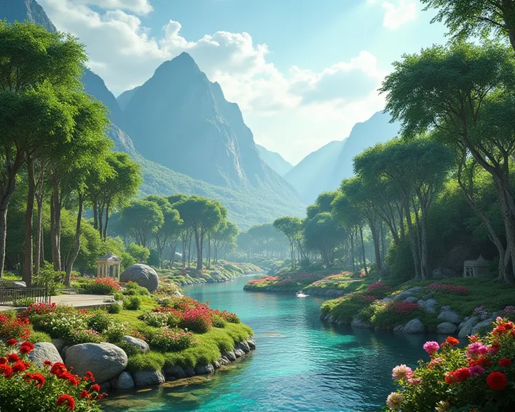 A breathtaking image of Jannah (Paradise), with lush gardens full of vibrant flowers, clear flowing rivers, and tall, majestic trees. The sky is a soft shade of blue, with rays of sunlight filtering through the clouds, representing the peace and eternal bl...