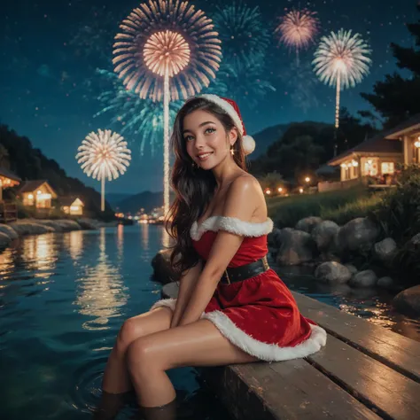 A cute woman (cute, age 22, sexy Christmas outfit, sparkles in eyes), sits on the shore of a lake in a Bangkok park at night, fireworks light up the night
