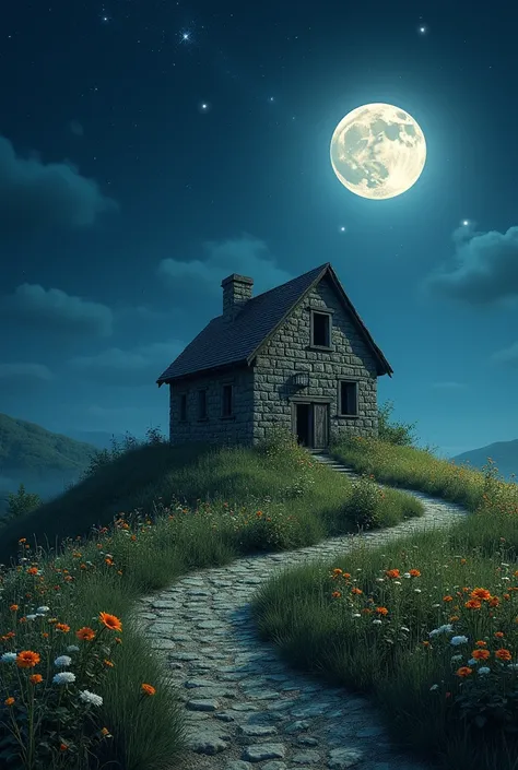 
"A realistic nighttime scene featuring an old hilltop house with weathered stone walls and a sloping roof. The house sits on a grassy hill surrounded by vibrant wildflowers, softly illuminated by the light of a full moon. A winding dirt road leads up to t...