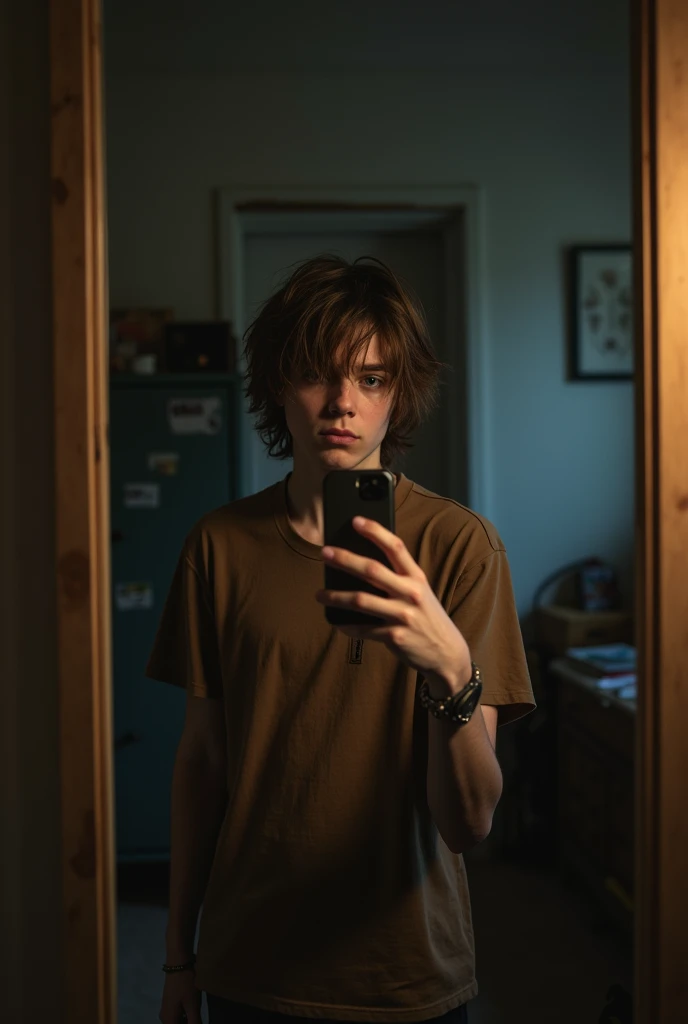 young teen taking a mirror selfie, skinny, male, brown clothes (punk/indie/alt clothes) long brown hair, butch. more dim light, darker scene, no lights, almost a messy selfie, amateur selfie.