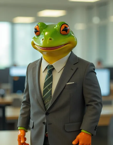 adncruz, (adncruz:1.5) as a frog, (frog0.5), adncruz:1.5 as a frog:0.5, green skin:0.5, (green skin:1), wearing a grey suit at a office doing business, (business:1.5), looking the camera happy, smiling, natural lighting, at the office, (office:1.5),