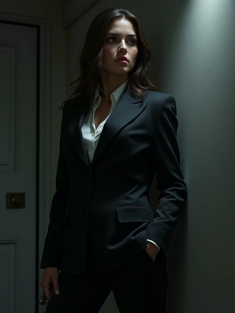 Draw a photorealistic image of an assassin woman wearing a sleek suit, The setting is dimly lit, suggesting a suspenseful atmosphere. Focus on the assassins determined expression and the details of her outfit.