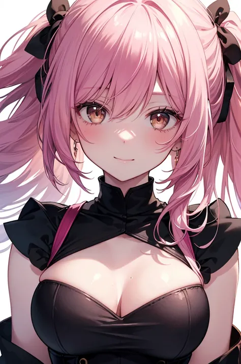 Masterpiece, ((1 girl)), ((Best Quality)), (Ultra-detailed), Highly detailed, (Portrait), ((Big breasts)), ((Long Hair, Pink hair, Brown eyes)), ((30-years-old, Mature women)), ((White Skin)), ((Black Adventurer Outfit, Black Sleeveless, Revealing Clothes,...