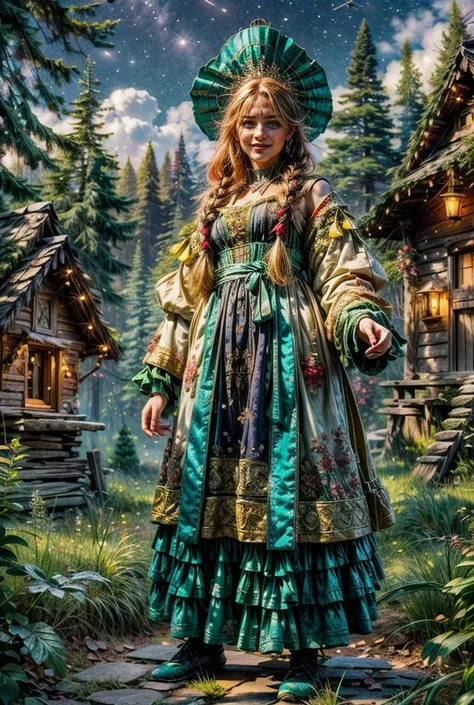 ( extremely detailed : 1.5), ИДЕАЛЬНЫЙ РЕНДЕР OCTANE UNREAL ENGINE5 GLOSSING GLOWING BLIKS глянцевая сцена,
 Adult girl,  in Russian national costume. Redhead with two thick braids .  Long ultra-smooth shiny hair, ribbons, bows, up to the hip,   facing the...