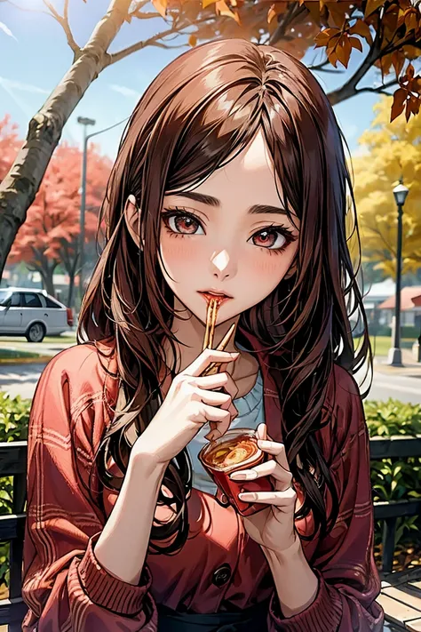 22-year-old dark-haired girl holding lip balm at the park at noon on December 、A 20-year-old dark-haired girl eating spicy ramen deliciously at a ramen shop、The display size of the person is 25 %About 