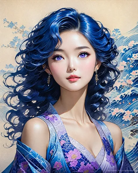 "A beautiful and radiant young woman , with long waves of blue hair shining with light . Her dress, adorned with complex and elegant patterns in black and violet Chinese ink, highlights her figure with grace,  while her bearing reflects confidence and soph...