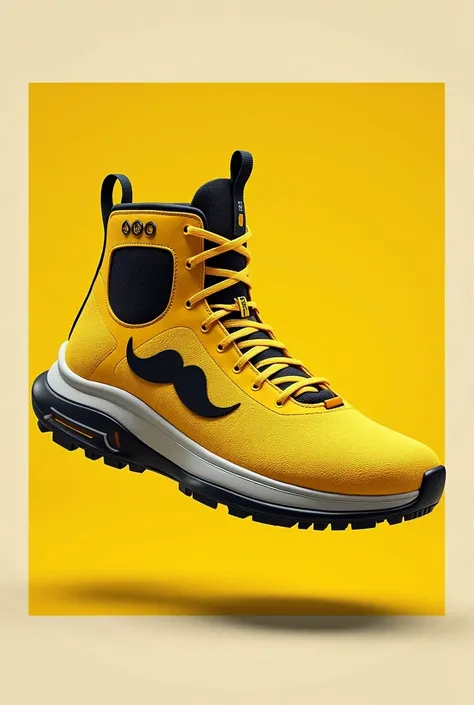 Image and design of a yellow sports boot shoe with the name in Spanish that says: ("""Super Mustache """) in SPANISH TOTALLY  