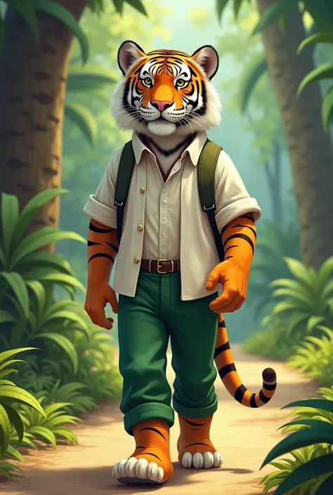 Tiger walking to school, green pants, white cubayera