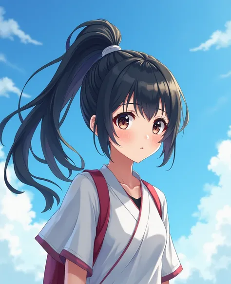  Asian girl with group face,  a sparkling portland skin, , with a skin like glazed tiles, Black hair,  Ponytail,  Extra-long hair 2 meters , ,My hair flutters in the wind., Floating hair ,  bright sky ,  blue sky with floating clouds ,