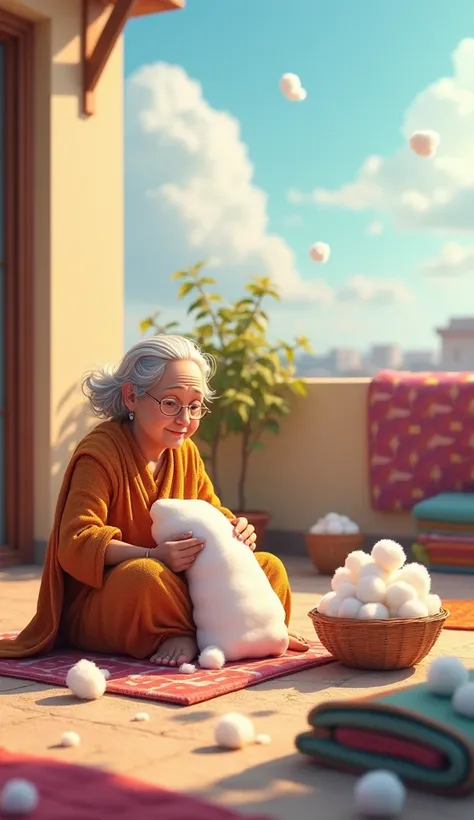 Scene Description: The setting is a rooftop where soft sunlight is shining, and a gentle breeze is blowing. Grandmother is sitting on a small rug or cushion, surrounded by fluffy cotton balls and colorful quilts (رضائیاں). She is carefully making large cot...