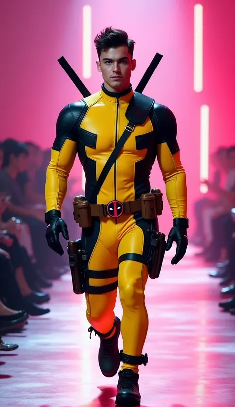 a baby. black haired man,  wears a yellow Deadpool costume without a mask , wearing accessories Deadpool ,  is walking on the stage of a fashion show with bright lighting. full body