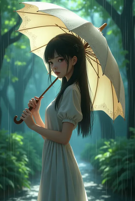 Yukino character from the anime garden of words full body while holding an umbrella