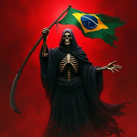  red background , Death holding sickles in his left hand and holding the Brazilian flag in his right hand.