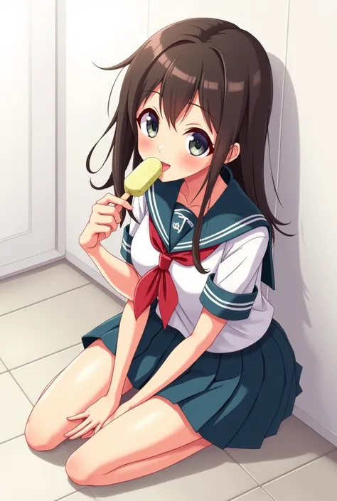 Anime beautiful girl in high school uniform Her mouth with an ice cream stick kneeling on her chest is quickly propped open