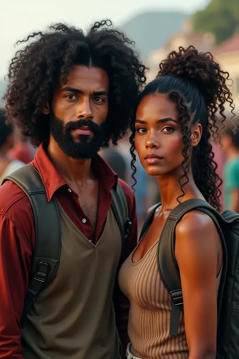 Create a couple of men and women of Portuguese origin with white skin.The man with curly Black Power hair (not black) and a voluminous beard..The woman with long curly hair tied Amos with a backpack around her back.