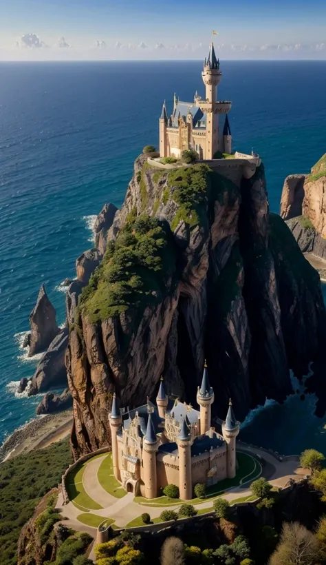  Huge Castle Towering on a Cliff 　ディズニー風のUltra-realisticなお城　 Shining Realistic Sun 　 Fantastic Blue Sky Gradation　 Same Style as the Sample Photo 　live-action landscape　The Sea Under the Shadows 　Ultra-realistic　 Beautiful 8K High Quality with Delicate Col...