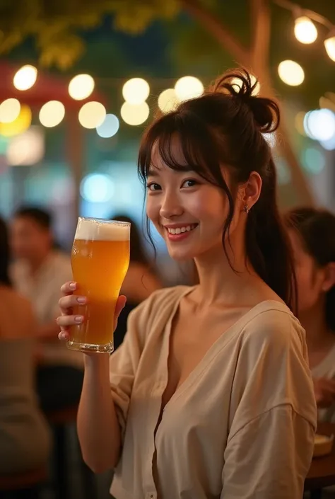 Cute Japanese woman in her 20s standing in an outdoor night beer garden。Wearing light, loose clothing。She smiled brightly and raised her beer.、She is toasting with her female friend next to her.。Her dark hair was tied up in soft waves.、Casual yet stylish。T...