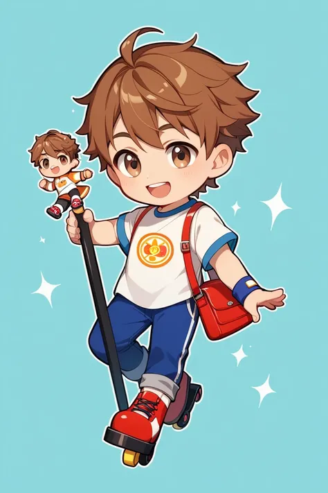  1 man、 brown hair 、 brown eyes、Chibi、chibi style、 full body、toe、shoes（ Roller Skates ）、Shirt Style、Diner staff、  open mouth, smile、Perfect full body figure 