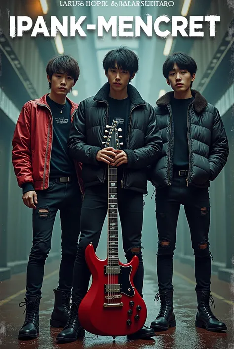 Make three Korean guys cyberpunk metal like movie poster with face facing front wearing torn variation pencil pants wearing boots with hands holding rocker-style guitar with title IPANK MENCRET with big writing under white embossed with rock expression Fuj...