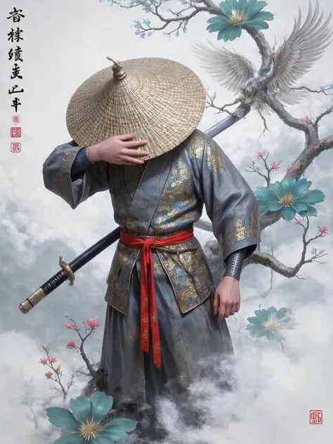  a swordsman ，Martial Arts Style， red belt ，Wearing a bamboo hat，Bow your head， to cover eyes ， white background ，meticulous，Boutique，masterpiece，Ink Painting，Ink smoke，Mo Cloud ，Ink splash，ribbon ，ink， dark black and white lotus，Light and Shadow Art，Brush...