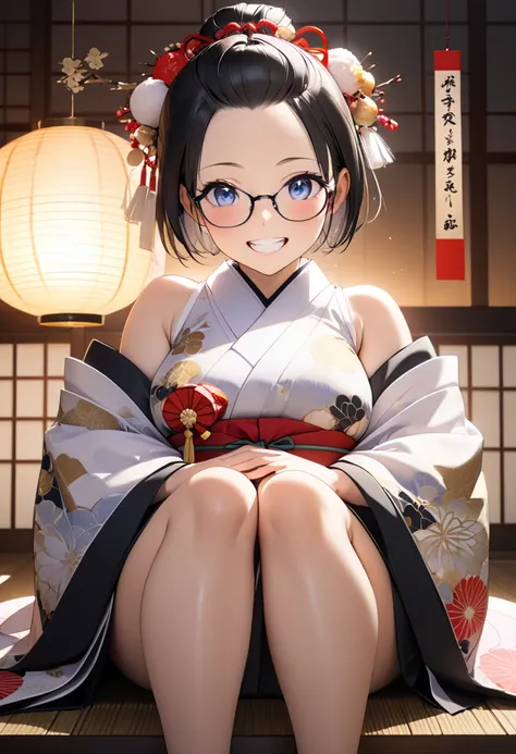 RAWphoto,photorealistic,8k16k,best quality,perfect anatomy,perfect detailed,ultra highres, extremely detailed eyes and face,gleaming skin,shiny skin,1girl,Japanese,black short hair,pixie cut, (wearing glasses:1.3),(parted bangs,forehead:1.2),round face,med...