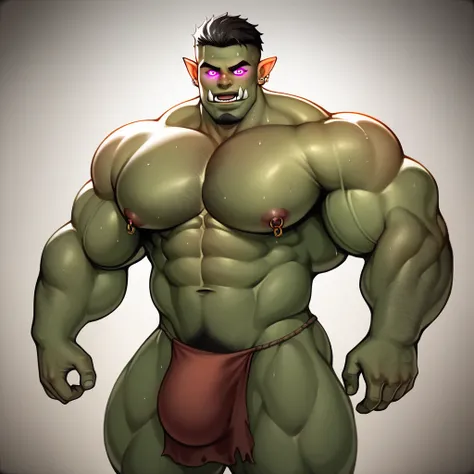 best quality, masterpiece, extremely detailed, muscular bodybuilder man turning into a dumb hyper muscular orc, rugged windswept hair, sweaty, glistening green skin, wearing a crystal, sexy loin cloth, bara, tribal clothing, in a forest clearing at night u...