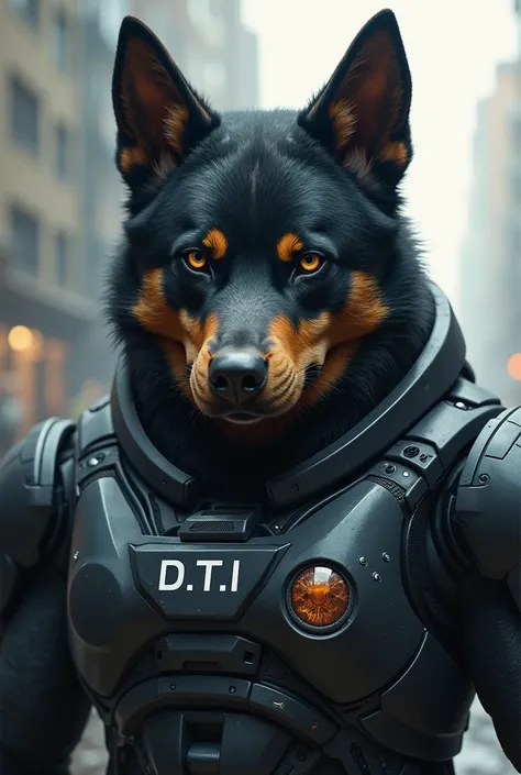 Chien militaire avec arme et armure kawaii, regard gentil mais ténébreux, puissant avec un logo D.T.I sur larmure 