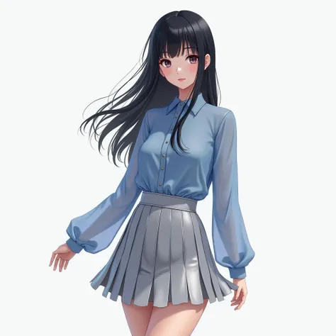 The woman wore a blue long-sleeved chiffon shirt. Silver short skirt, black hair, round eyes, slender figure anime 3D