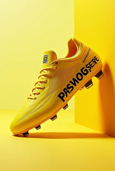 Image and design of a yellow sports boot shoe with the name and brand in Spanish** that says: ("""Super Mustache """)  in Spanish*** completely 