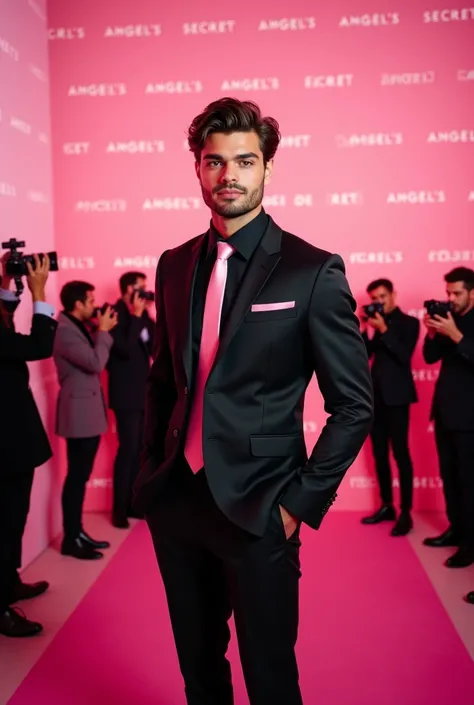 a strong muscled fit man, noah centineo, 19 years old, light brown short wavy hair, brown eyes, with a beard, very sharp well defined jawline, wearing a black luxury and elegant suit with a black button up shirt with a pink tie, standing infront of a light...