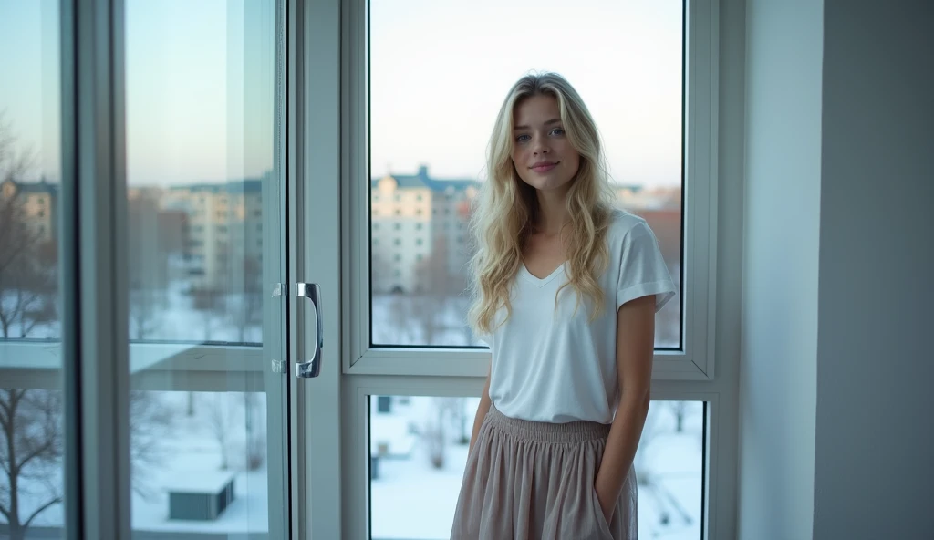 A 18 years old western girl with beyond floor length blonde, and her eye color is blue, wearing a casual T-shirt and chiffon skirt in bottom, having sneakers on foot. She standing nearby floor to ceiling windows on the top of building with smiling. 
Outsid...