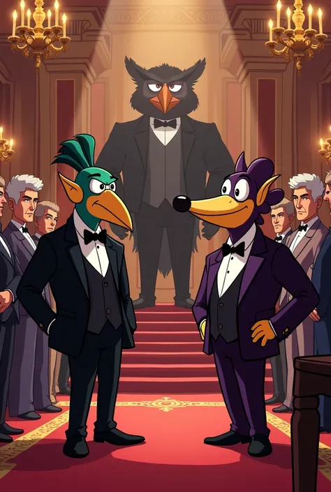 Blitzo and Vassago  (the Helluva Boss)  talking at an elegant party  (in the style of the series)  while Stolas looks angrily into the background