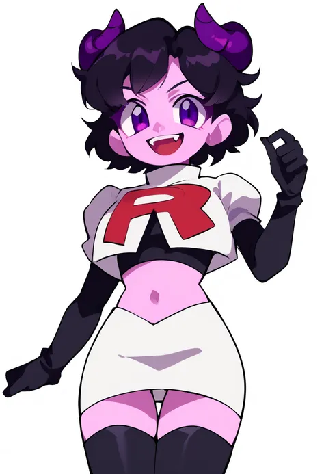 jellybean_yt, solo, looking at viewer, smile, short hair, open mouth, black hair, 1girl, white background, purple eyes, female focus, horns, teeth, colored skin, fangs, team rocket,team rocket uniform,white skirt,red letter R,crop top,black thigh-highs,bla...