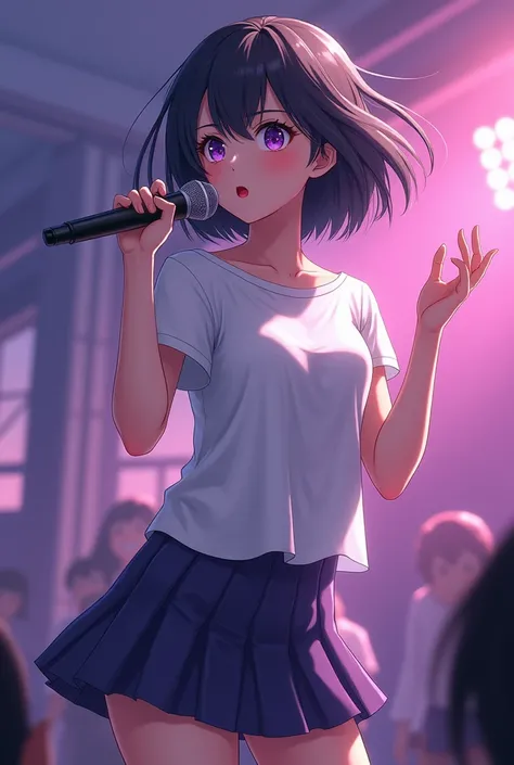 a high school girl with short black hair, purple eyes, and wearing a white t-shirt and a white mini skirt, singing and dancing while holding a microphone, beautiful detailed eyes, beautiful detailed lips, extremely detailed eyes and face, long eyelashes, w...