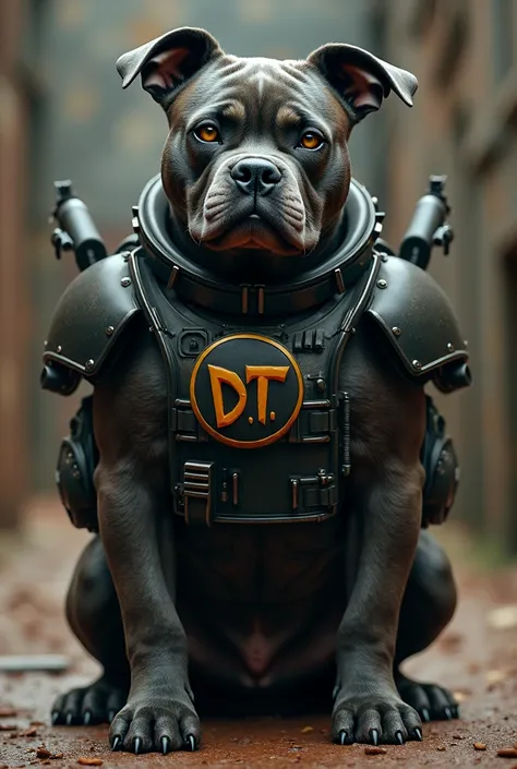 Chien Staffy militaire avec arme et armure kawaii, regard gentil mais ténébreux, puissant avec un logo D.T.I sur larmure , et arme aux pattes 