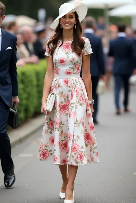 a photo of a 20 years old woman. she is wearing midi dress with flower prints pattern and short sleeved. She wearing white hat with ribbon details, and a pair diamond earings. her hair is brunete.  she is wearing white shoes and clutch. She attending royal...