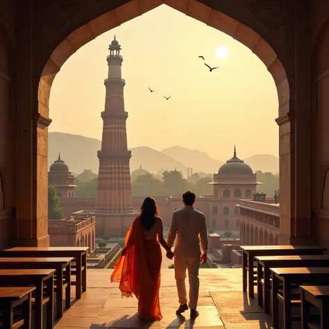 The image is featuring several iconic landmarks and architectural structures. In the foreground, a couple is walking hand in hand, with the woman wearing traditional attire, a sari. Prominently, there is a tall and intricately designed tower, likely repres...