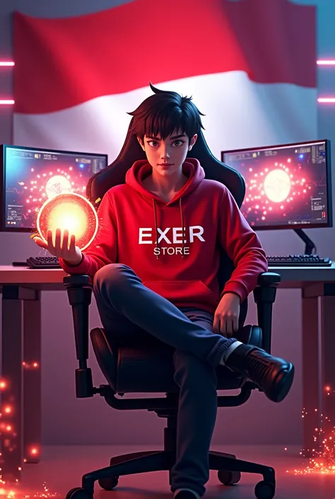 A square-framed image of an animated character sitting confidently on a sleek, futuristic gaming chair, slightly turned to the right but with their sharp, glowing eyes locked onto the viewer, exuding a commanding and intense aura. The character wears a bol...