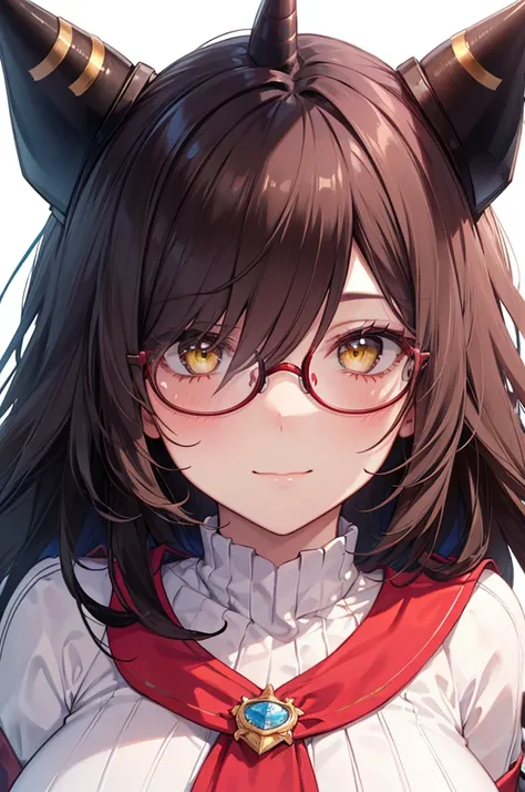 Masterpiece, ((1 girl)), ((Best Quality)), (Ultra-detailed), Highly detailed, (Portrait), ((Big breasts)), ((Hair Over Eyes, Long Hair, Dark Brown hair, Yellow eyes, Black Horn, Perfect Round Glasses)), ((30-years-old, Mature women)), ((White Skin)), ((Red...