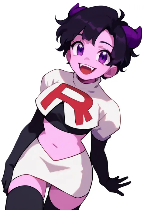 jellybean_yt, solo, looking at viewer, smile, short hair, open mouth, black hair, 1girl, white background, purple eyes, female focus, horns, teeth, colored skin, fangs, team rocket,team rocket uniform,white skirt,red letter R,crop top,black thigh-highs,bla...