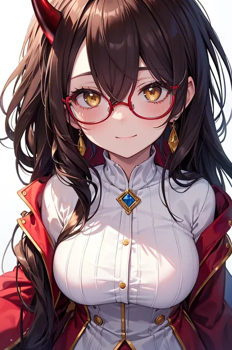 Masterpiece, ((1 girl)), ((Best Quality)), (Ultra-detailed), Highly detailed, (Portrait), ((Big breasts)), ((Hair Over Eyes, Long Hair, Dark Brown hair, Yellow eyes, Black Demon Horn, Perfect Round Glasses)), ((30-years-old, Mature women)), ((White Skin)),...