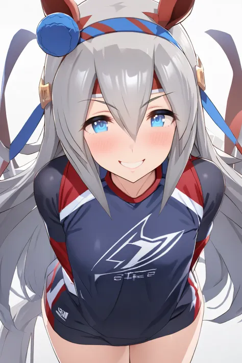 NSFW,masterpiece, top quality , High Definition , very detailed, tamamocross (Uma Musume)、Horse&#39;s ears、 ear covers、 horse tail、Gray Hair、 long hair、 hair bow、 hair between eyes、 blue eyes、 hair ornament、 headband,sportswear,smile,blush