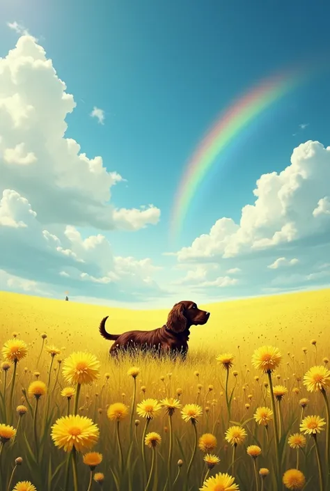 Design a movie poster with a sky and prairie ratio of 70 ：30 endless views of the prairie There is a  looking back to the sky, there is a rainbow in the sky, there is a lovely Cocker Spaniel sleeping on her back and there are lots of floating dandelions fl...