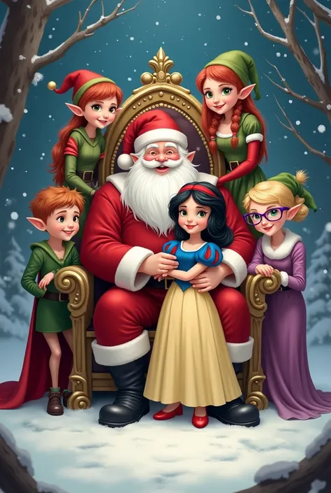 

I want a Christmas family. Santa Claus with a  on his lap, Snow White with beautiful long black hair and a white dress, I want them to have three elves. An elf - a woman, a big lady with red hair and a high ponytail and cat-eye glasses, an elf - a girl w...