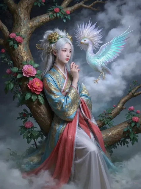  A graceful woman appears in front of her ， Her head is actually that pure peony ，Petals are patchwork ，Curled slightly， The flower pistil shines a charming light 。 and wears a gorgeous exotic animal costume on her lower body {x}， The costume is embroidere...