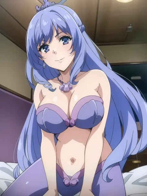 1girl, solo, alone, short hair, bob hair, blue hair, blue eyes, large breasts, cleavage, smile, sit on bed, wear 
Caren かれん / Mermaid Melody Pichi Pichi Pitch, tiara, diamond tiara, bedroom,